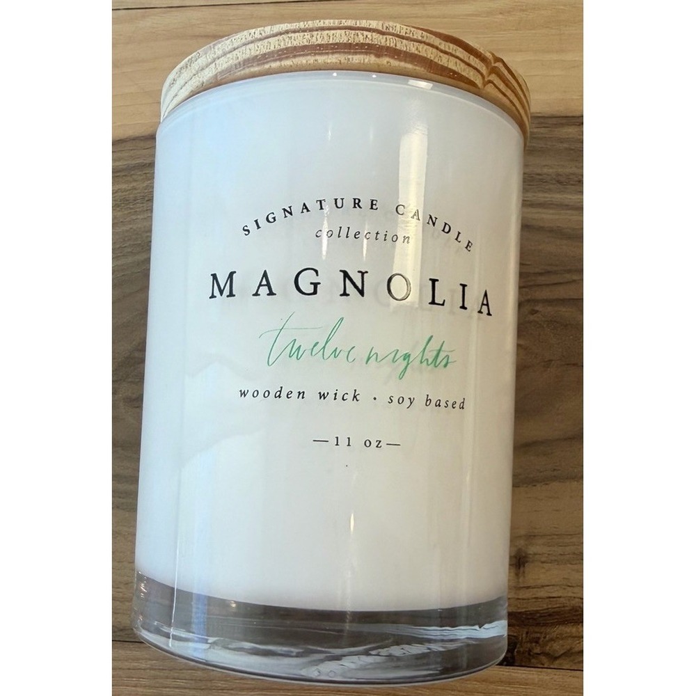 Magnolia Twelve Nights 11 Oz Soy Candle Wooden Wick Glass Jar Wood Lid Crackle